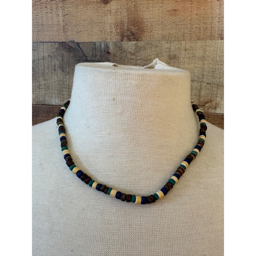 Unisex Wood Bead Choker Necklace Brown Blue Green Cream 16 Inch Barrel Clasp